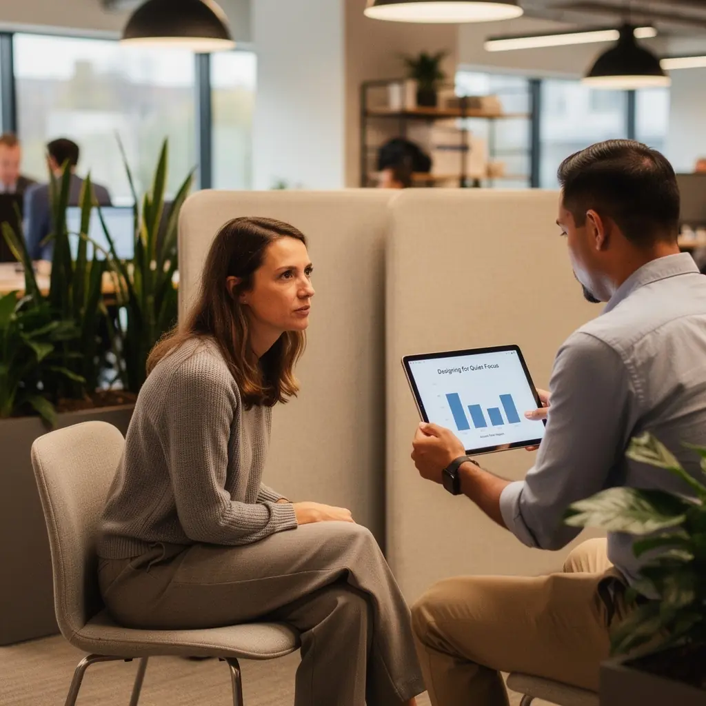 Przestrzeń biurowa z wydzielonymi strefami do skupienia i akustycznymi panelami.