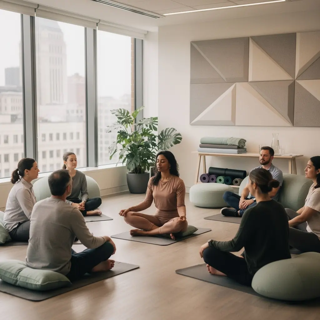 Plan biura z różnymi strefami do współpracy i cichymi miejscami do pracy.