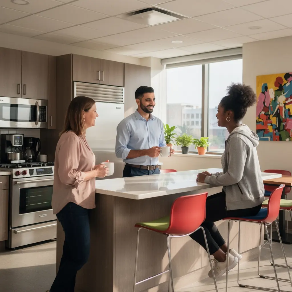 Przykład biura z różnorodnymi miejscami pracy, dostosowanymi do różnych potrzeb.