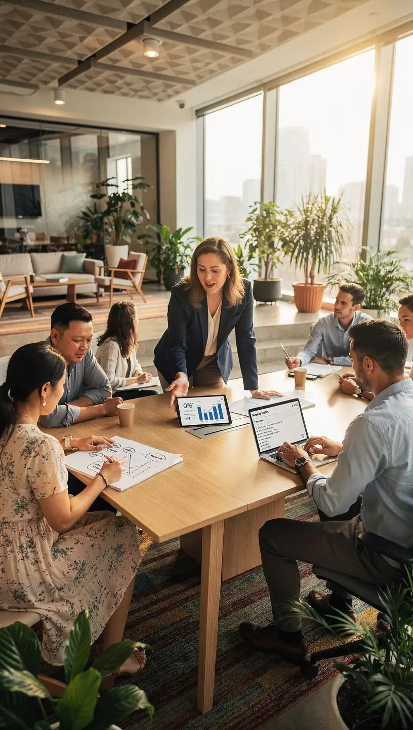 Przykład biura z różnorodnymi strefami roboczymi, które wspierają kreatywność i produktywność.