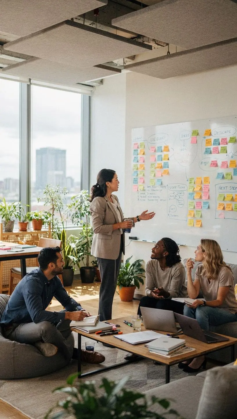 Nowoczesne biuro z ergonomicznymi meblami i strefami do pracy zespołowej.